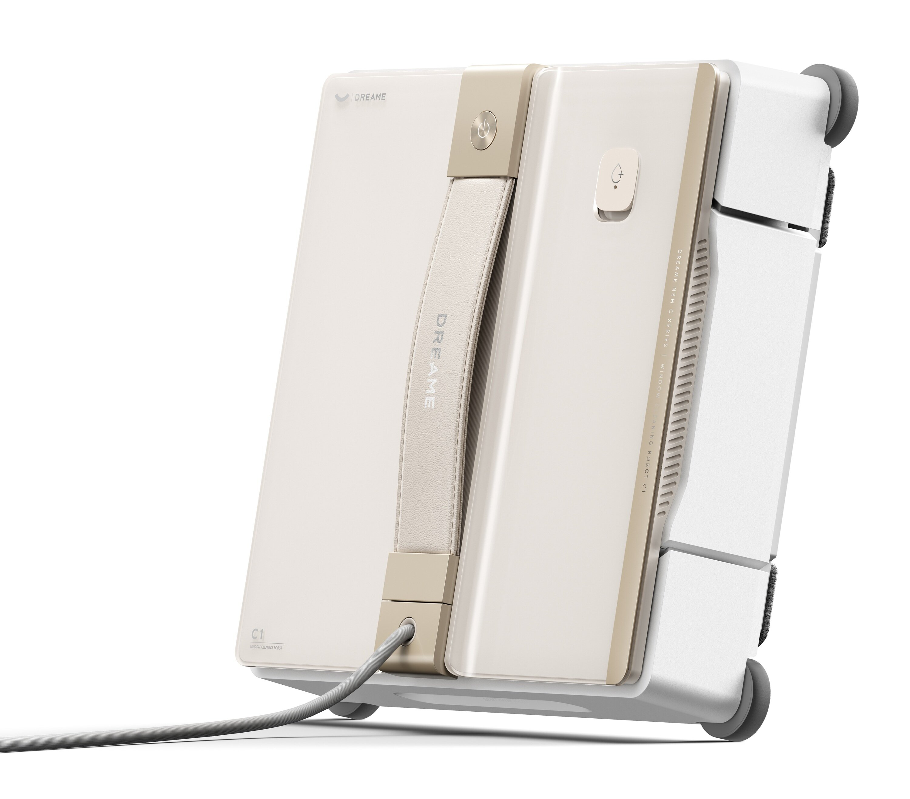 Biało-beżowy robot do czyszczenia okien z kołami i uchwytem, widoczna jest marka DREAME.