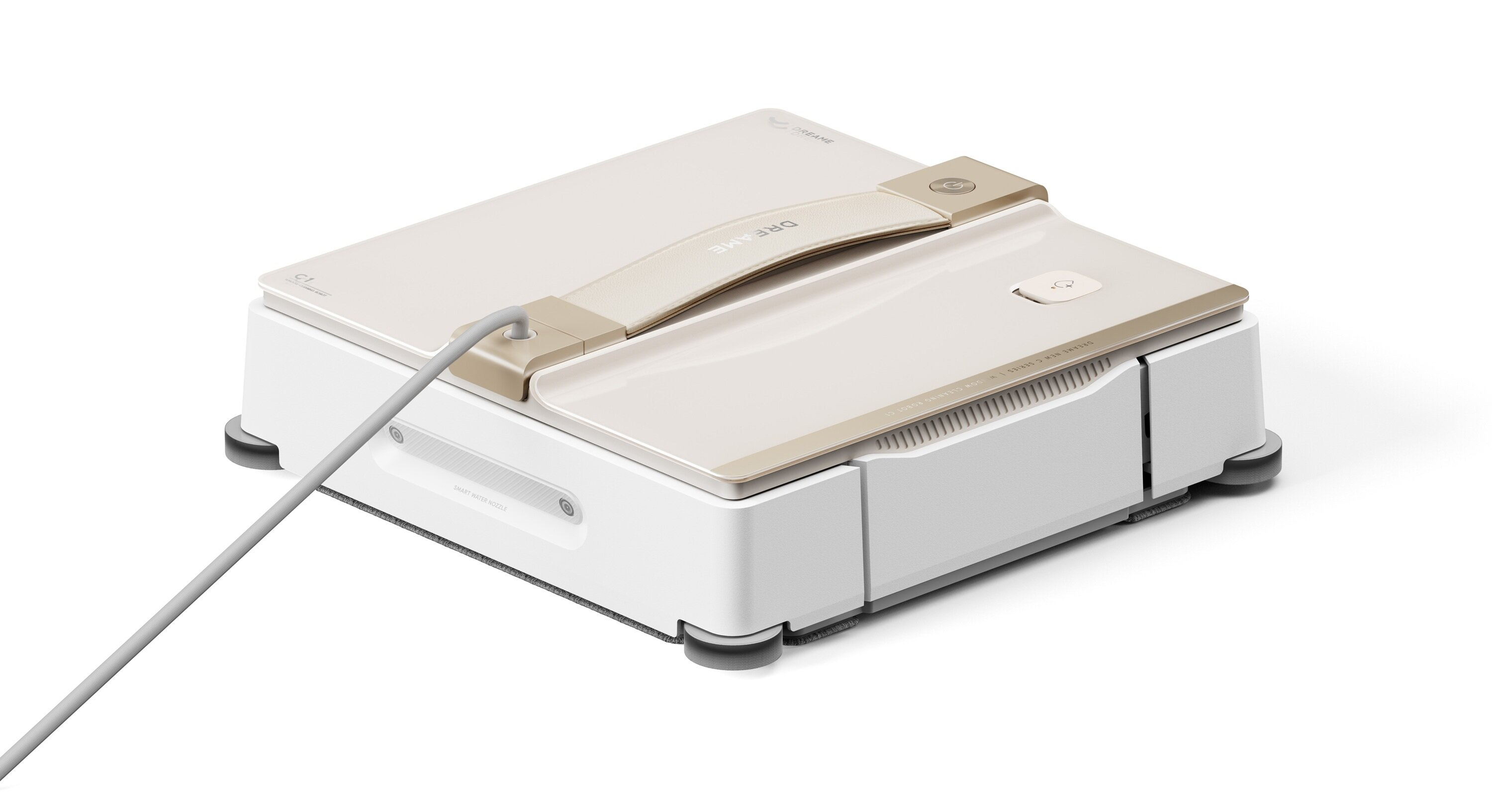 Biało-beżowy robot sprzątający na białej powierzchni. Ma uchwyt i kabel zasilający.