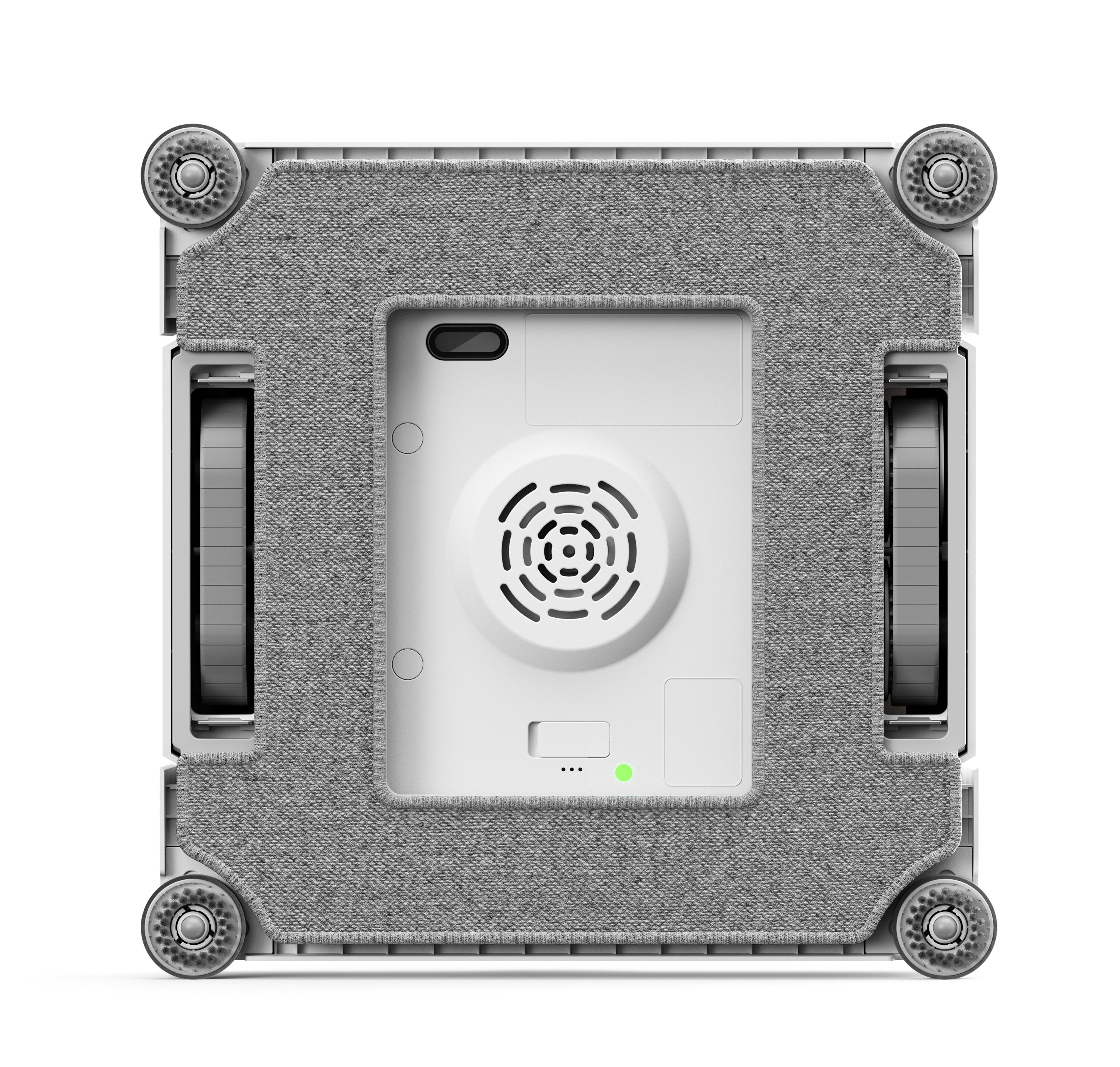 Biało-szary robot do mycia okien. Ma szarą podkładkę czyszczącą, koła i centralny biały panel.