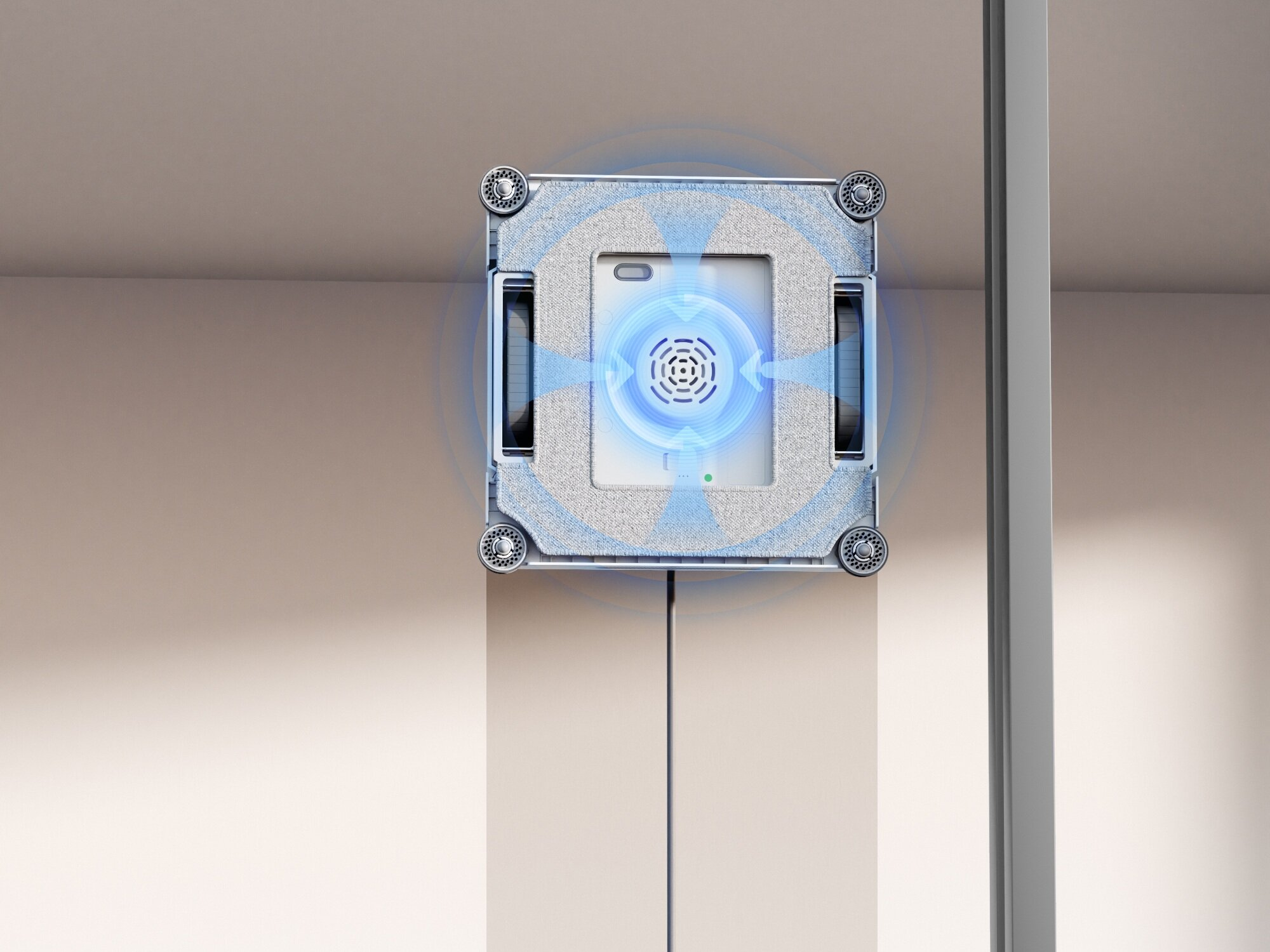 Kwadratowy robot do czyszczenia okien jest przymocowany do szyby. Ma niebieskie podświetlenia i jest wyśrodkowany. Tło to ściana.