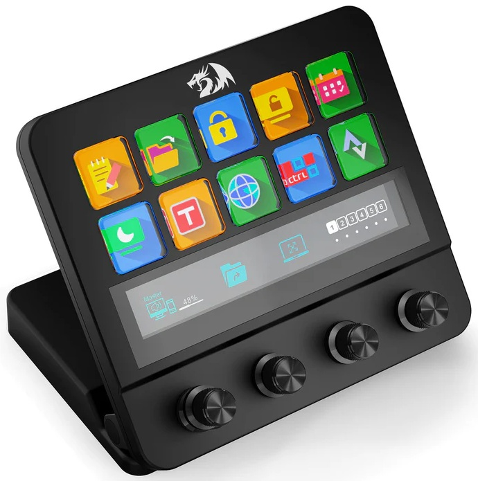 Czarny kontroler z kolorowymi ikonami, pokrętłami i wyświetlaczem. Ikony obejmują zamek, kalendarz i folder.