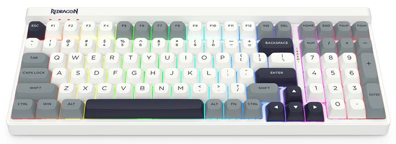 Biała klawiatura Redragon z białymi, szarymi i czarnymi klawiszami. Tęczowe LEDy pod klawiszami.