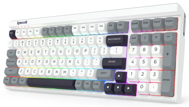 Biało-szara klawiatura Redragon z podświetlanymi na tęczowo klawiszami. Posiada pełny układ z klawiszami funkcyjnymi i klawiaturą numeryczną.