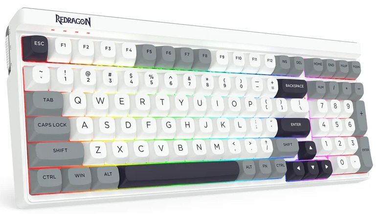 Biała i szara klawiatura mechaniczna Redragon. Klawisze są białe, szare i czarne, z tęczowym podświetleniem. Widoczna jest nazwa marki.