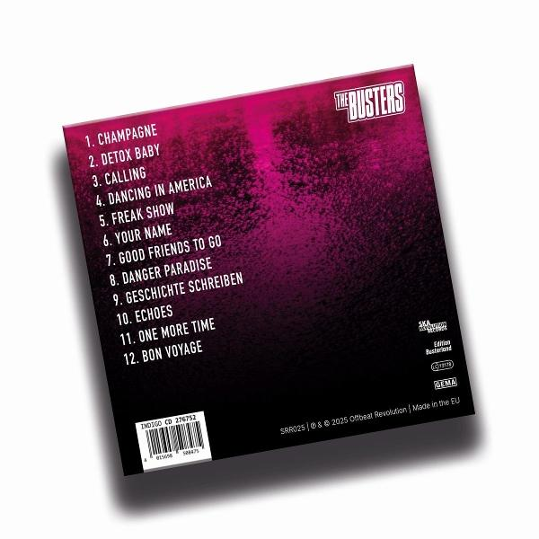 CD-Rückseite mit rosa und schwarzem Farbverlauf. Text listet Songtitel und Bandnamen 'The Busters'.