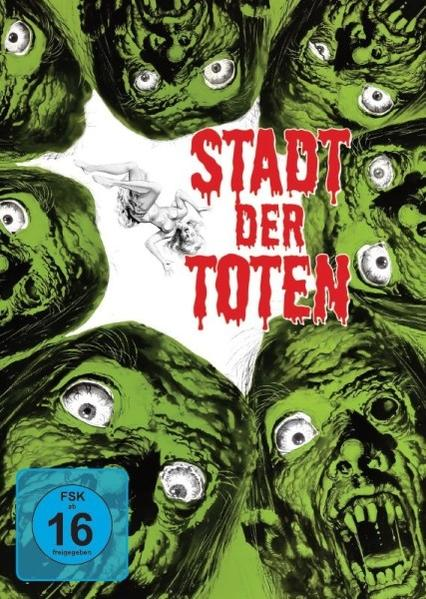 Filmposter mit grünen Zombie-Gesichtern, einer Frau in der Mitte und rotem Text 'STADT DER TOTEN' oben.