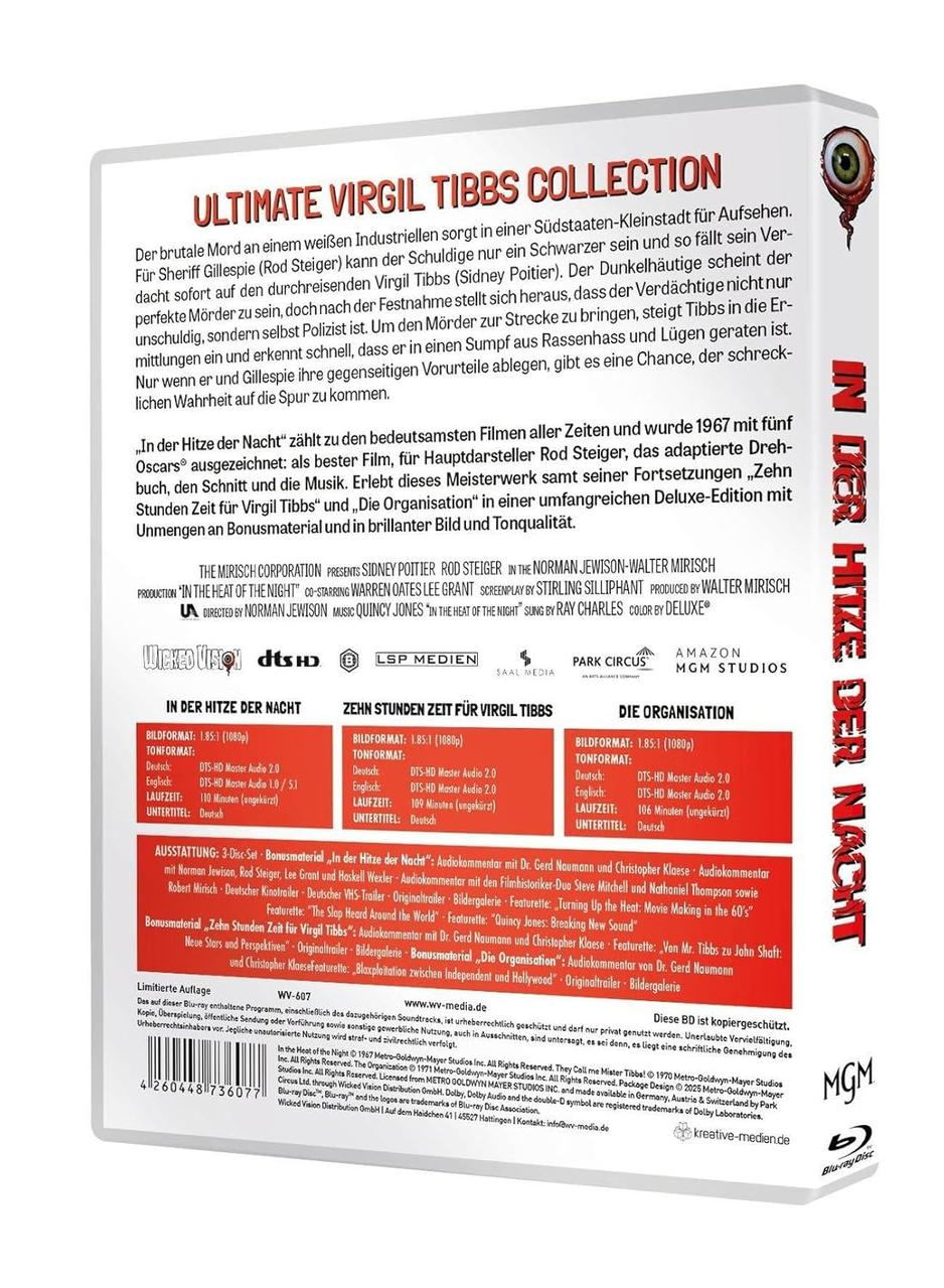 Blu-ray-Box-Art. Text und Bilder, einschließlich des Titels 'Ultimate Virgil Tibbs Collection'.