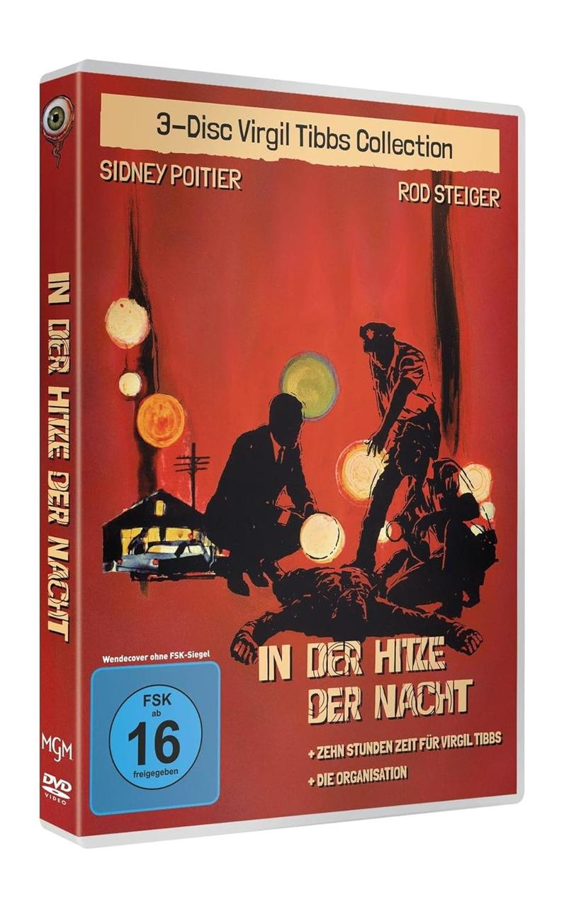 DVD-Cover für In the Heat of the Night. Enthält Schauspieler, eine Kriminalszene und deutschen Text.