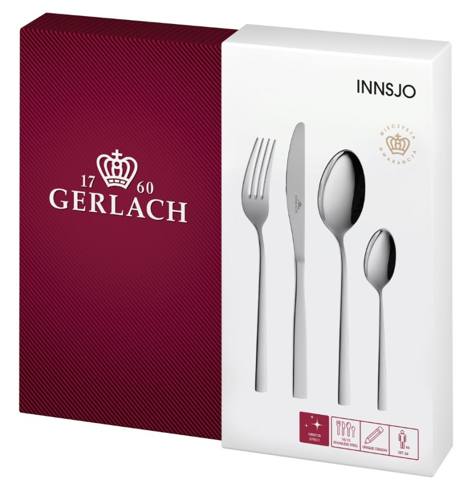 Pudełko zestawu sztućców. Pudełko jest białe z napisem INNSJO. Widoczne sztućce są srebrne, widelec, nóż i dwie łyżki.