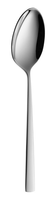 Błyszcząca, srebrna łyżka na białym tle. Ma zaokrągloną łyżkę i długi, smukły trzonek. Łyżka odbija światło.