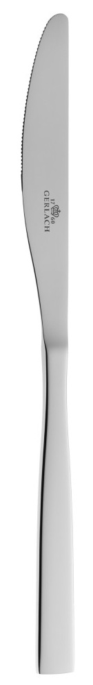 Nóż do masła ze stali nierdzewnej, ząbkowany z jednej strony. Rękojeść jest gładka i zakrzywiona. Widoczna marka GERLACH.