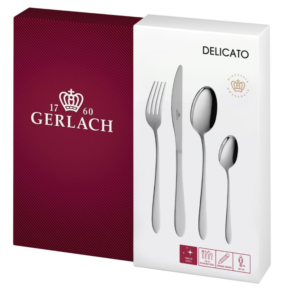 Zestaw sztućców Gerlach. Zawiera widelec, nóż, łyżkę i łyżeczkę. Na pudełku napis 'Delicato'.