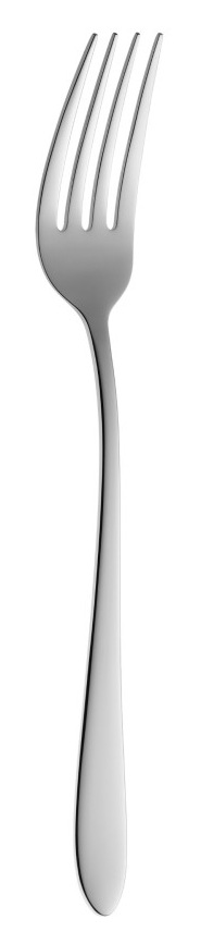 Błyszczący, srebrny widelec z czterema zębami. Uchwyt jest lekko zakrzywiony. Na białym tle.