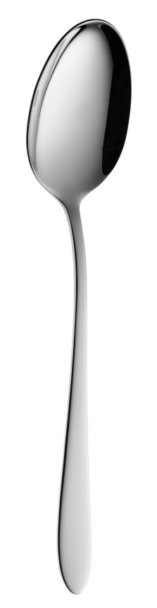 Błyszcząca, srebrna łyżka na białym tle. Ma zaokrągloną czarkę i długi, smukły trzonek.