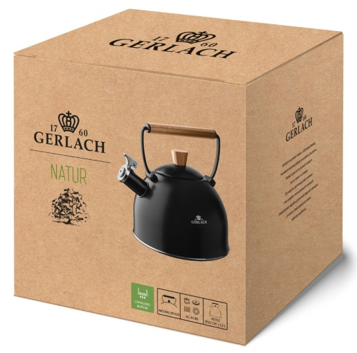 Czarny czajnik Gerlach z drewnianym uchwytem w brązowym kartonie. Pudełko ma napis i logo.
