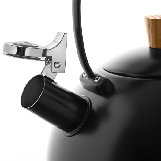 Zbliżenie czajnika w kolorze czarnym ze srebrnym dziobkiem i uchwytem. Drewniany uchwyt na górze. Białe tło.