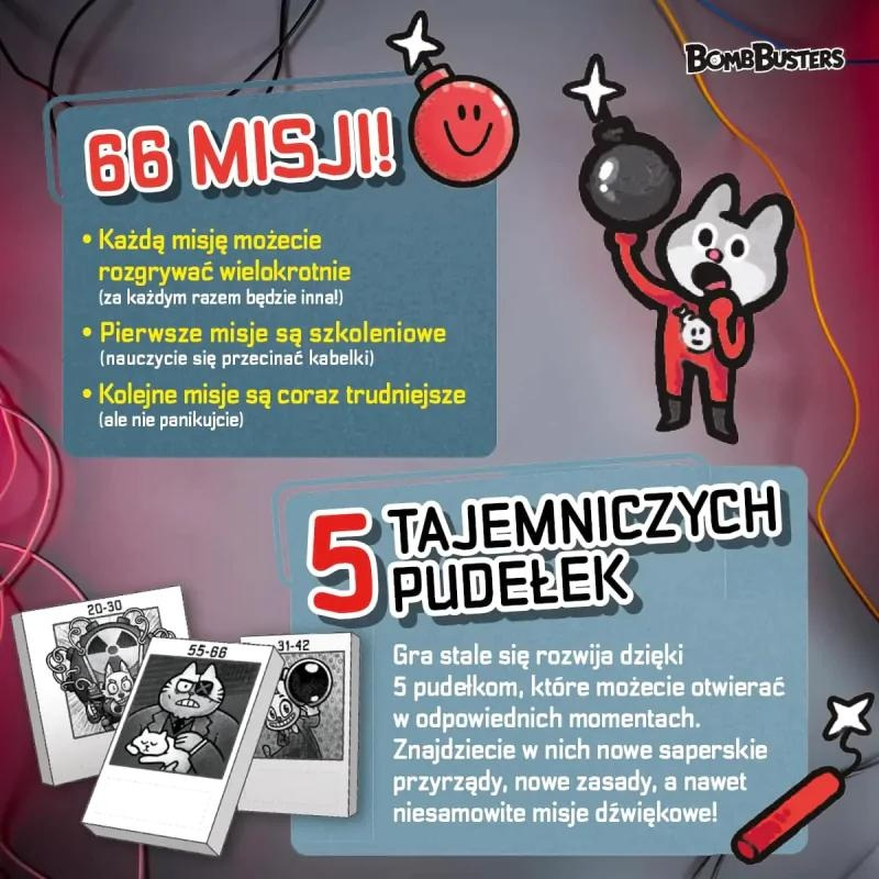 Reklama gry z postacią z kreskówki bomby, tekst: 66 misji, 5 tajemniczych pudełek. Karty z postaciami, czerwona bomba i tekst po polsku.