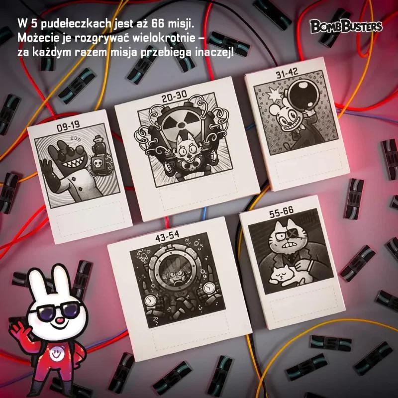 Karty z postaciami z kreskówek. Zając w garniturze i okularach jest na pierwszym planie. Karty są rozrzucone. Tekst mówi "Bomb Busters".
