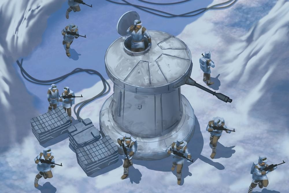 Żołnierze w białych mundurach z bronią na zaśnieżonym terenie. Duża cylindryczna konstrukcja znajduje się w centrum.