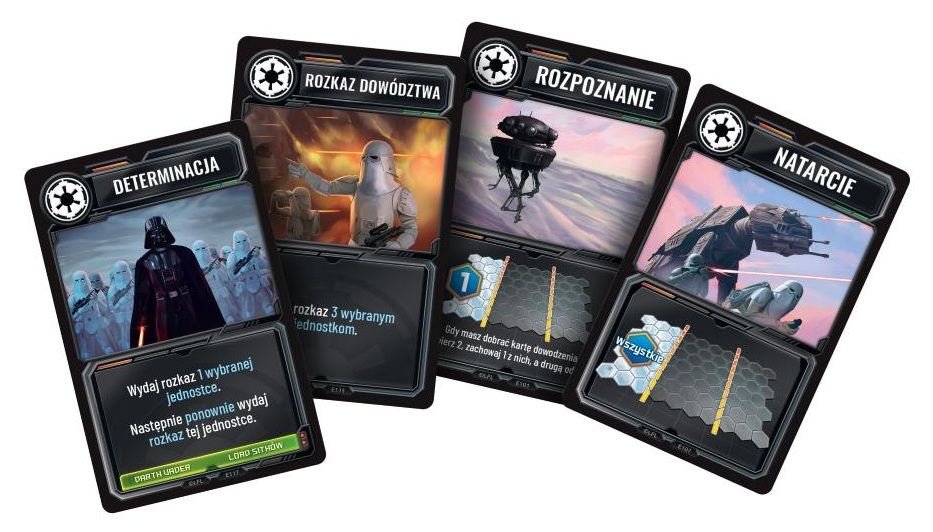 Cztery karty Star Wars. Darth Vader i szturmowcy, żołnierz wskazujący, czarny robot i pojazd strzelający laserami są pokazane.
