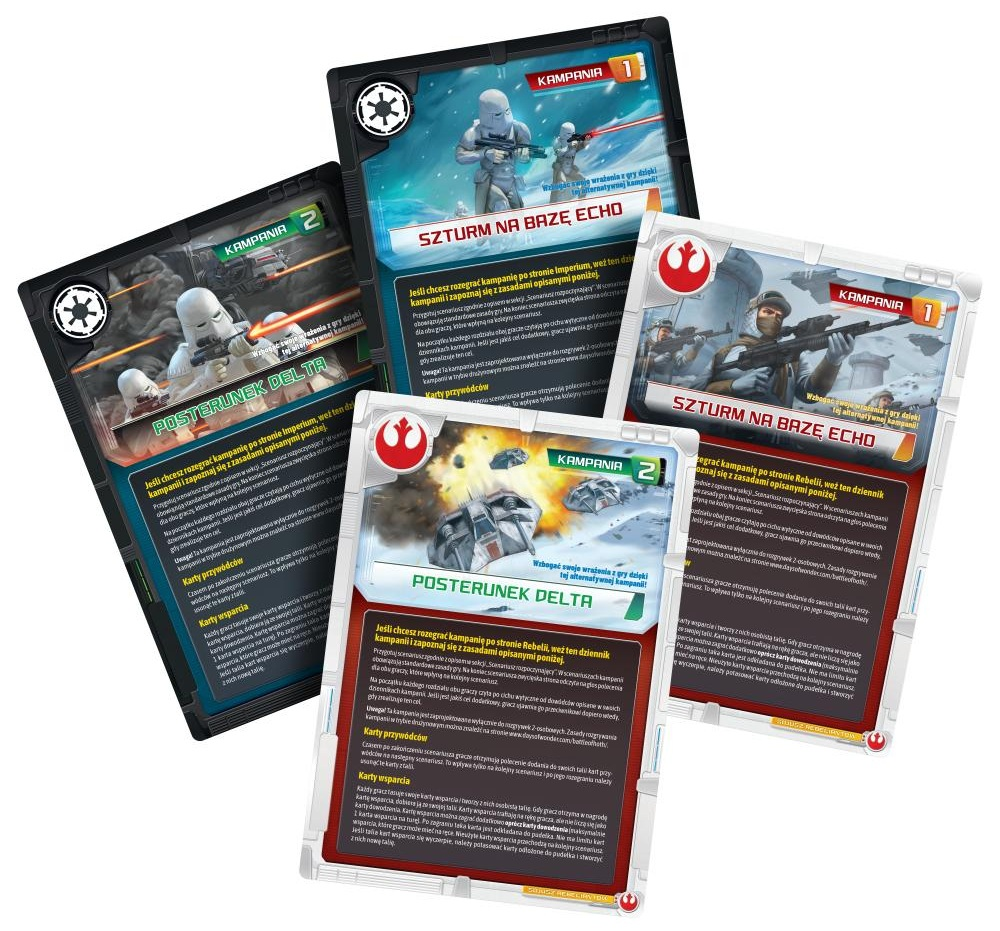 Karty z obrazami Star Wars. Tekst po polsku. Przedstawiono szturmowców i żołnierzy Rebelii.