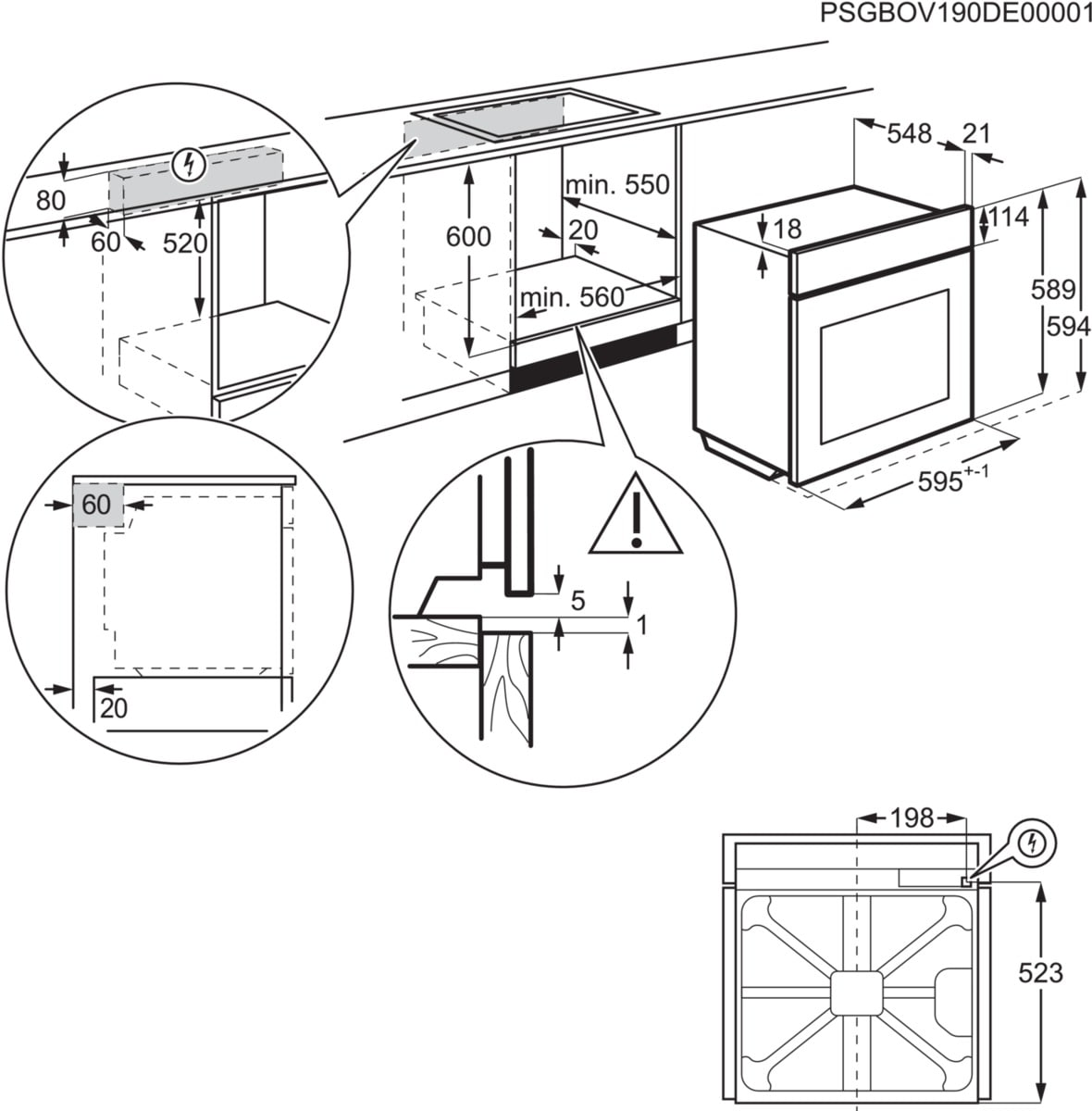 Diagrama de un horno empotrado con dimensiones e instrucciones de instalación. Incluye planos de medidas específicas.