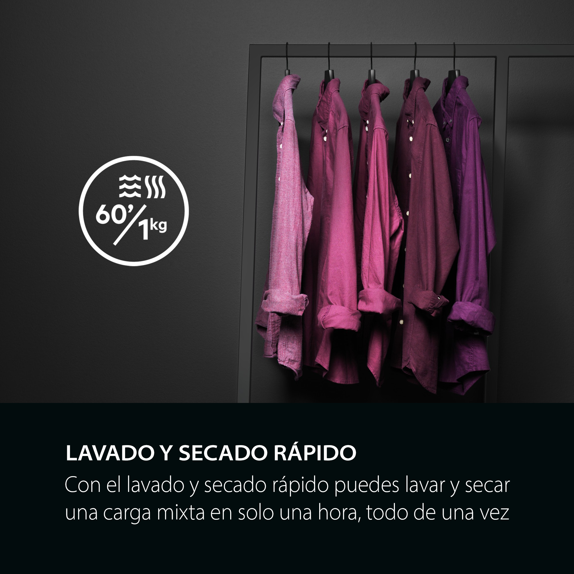 Camisas de diferentes tonos de morado colgadas en un estante negro. Un icono blanco está en el fondo.
