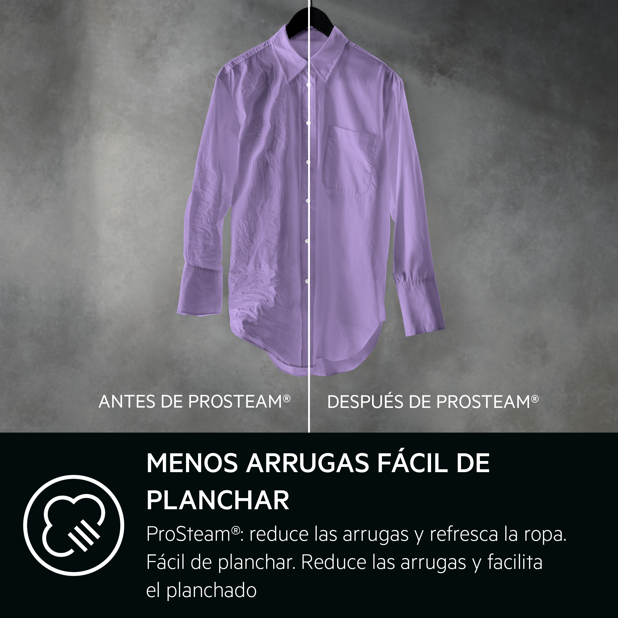 Una camisa morada, antes y después de planchar, mostrando la reducción de arrugas. El texto dice 'Menos arrugas, fácil de planchar'.