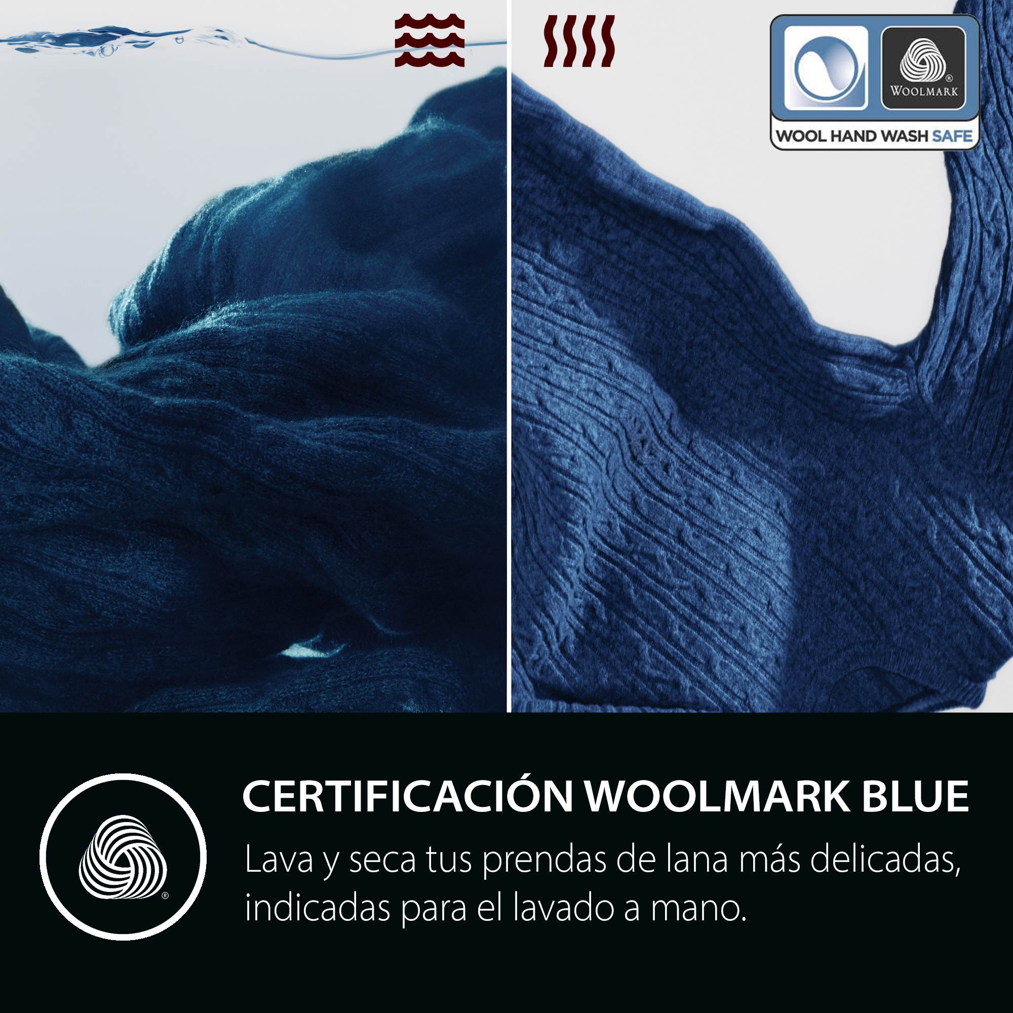 Imagen muestra tela de lana azul. Símbolos indican lavado a mano y Woolmark. Texto: 'Woolmark Blue', para prendas de lana delicadas.