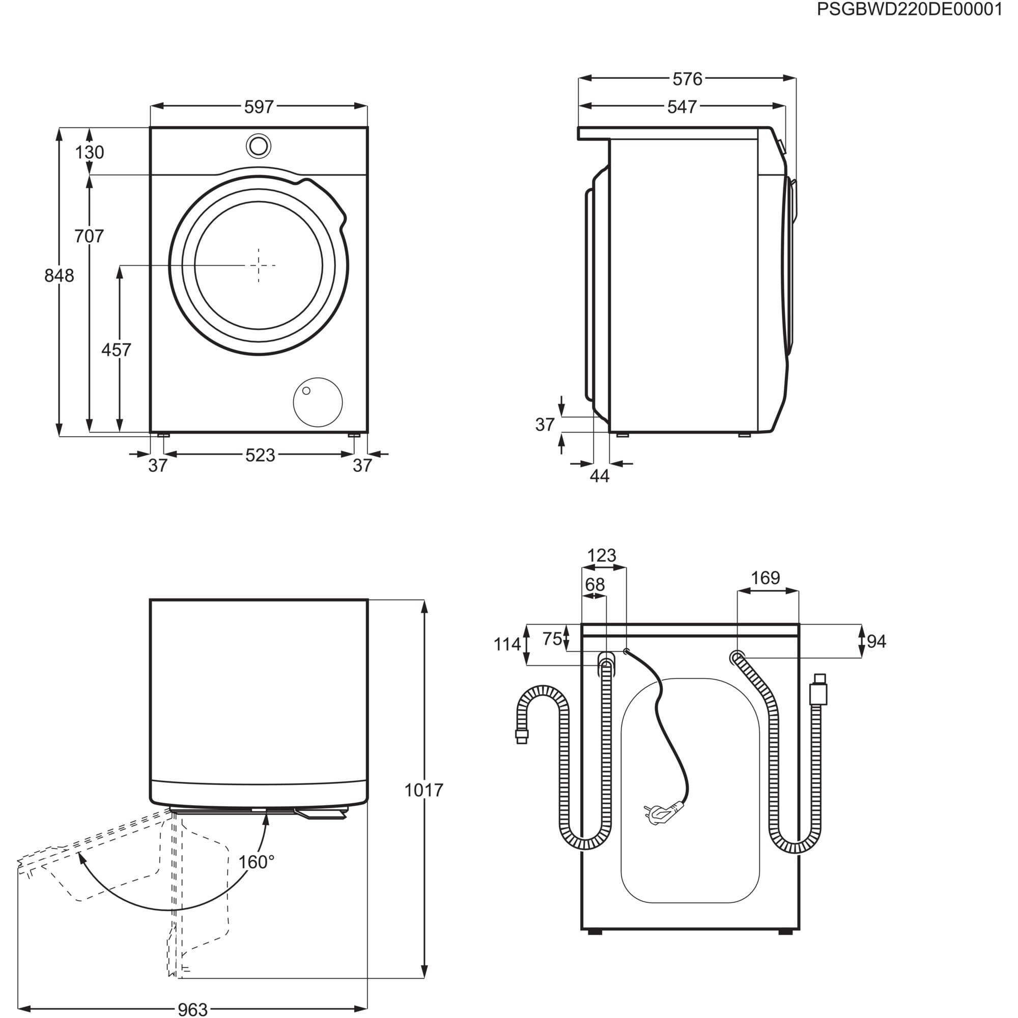 Dibujo técnico de una lavadora, que muestra dimensiones y varias perspectivas.
