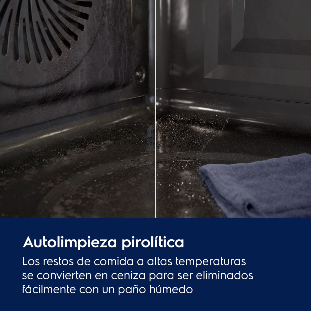 Interior de un horno negro con manchas, un paño azul a la derecha. El texto inferior dice 'Autolimpieza pirolítica'.