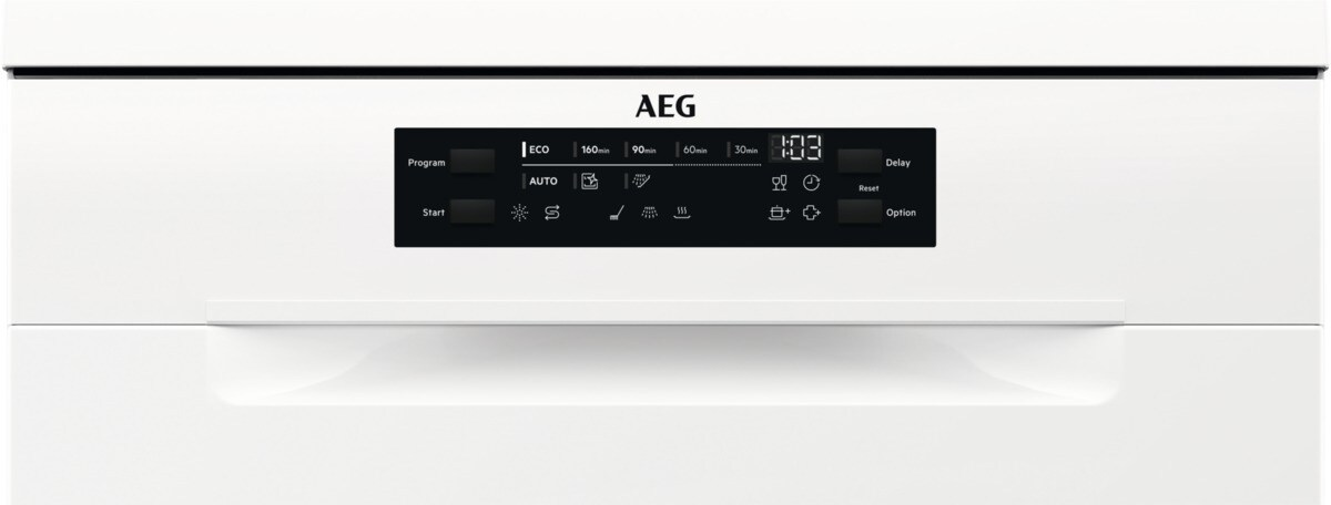 Panel de control blanco de lavavajillas AEG con botones de programa, inicio, automático y opciones. Un reloj digital muestra 1:03.