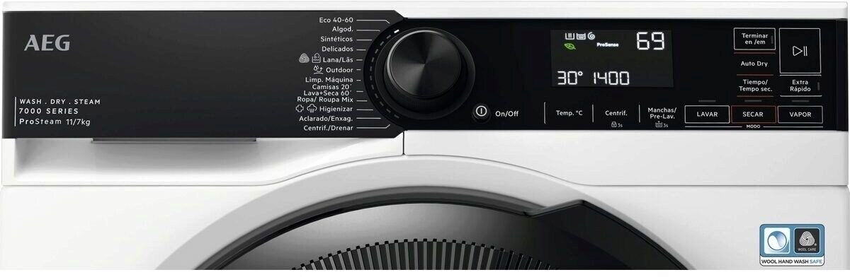 Panel de control de lavadora AEG. Funciones incluyen opciones de programa, temperatura y ajustes de secado. Diseño blanco y negro.
