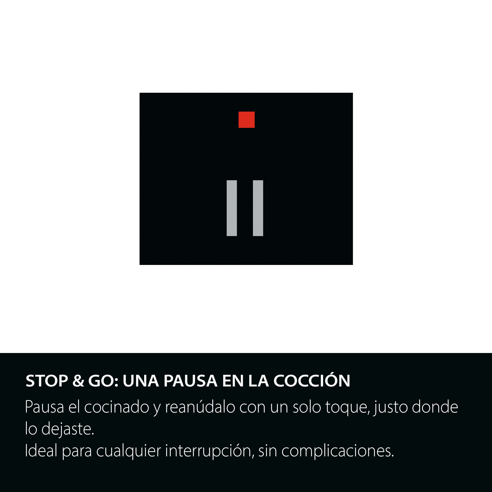 Fondo negro con un cuadrado rojo en la parte superior y dos barras grises verticales debajo. El texto dice 'STOP & GO: UNA PAUSA...'
