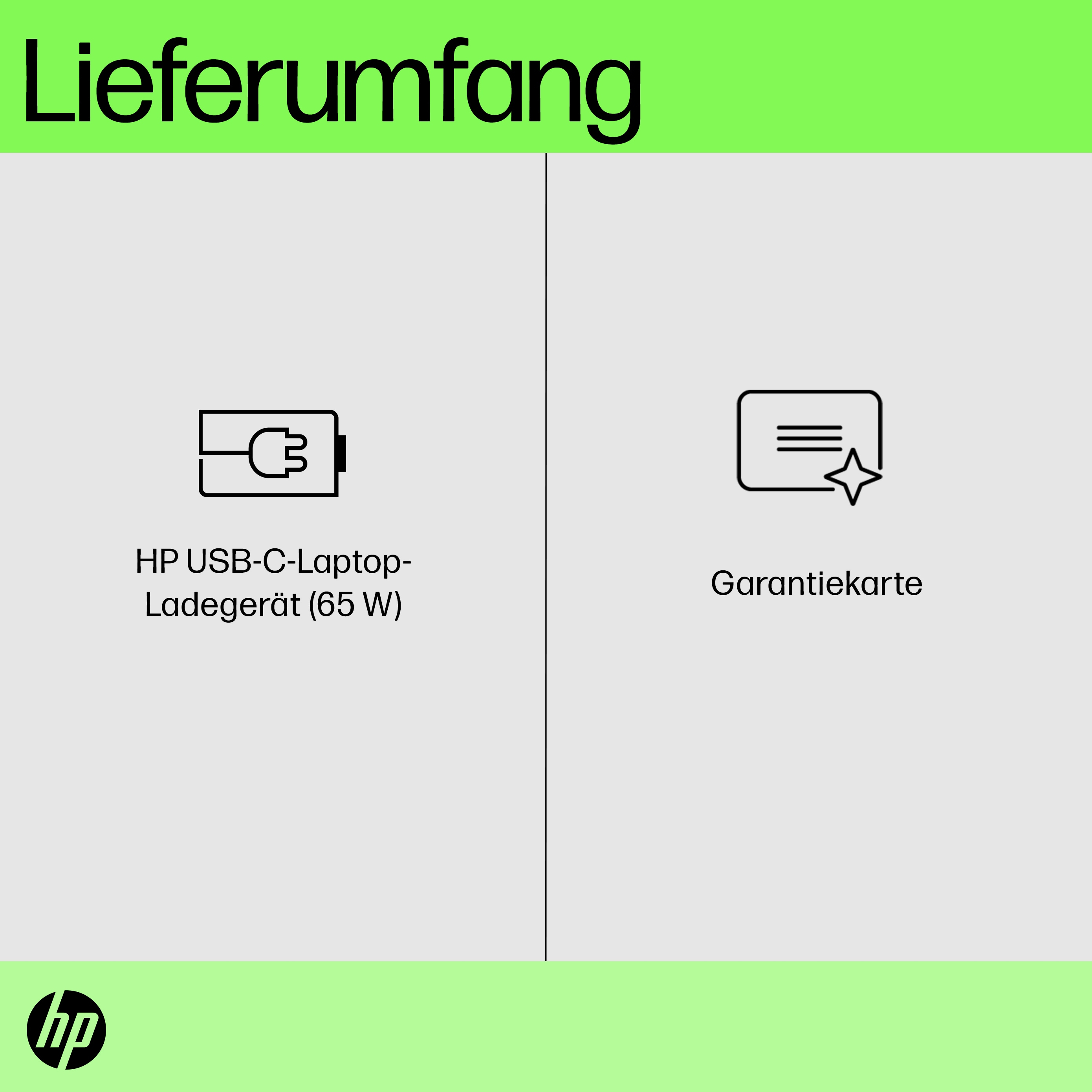 Das Bild zeigt Symbole für Laptop-Ladegerät und Garantiekarte. Text auf Deutsch: 'Lieferumfang'. HP-Logo unten.