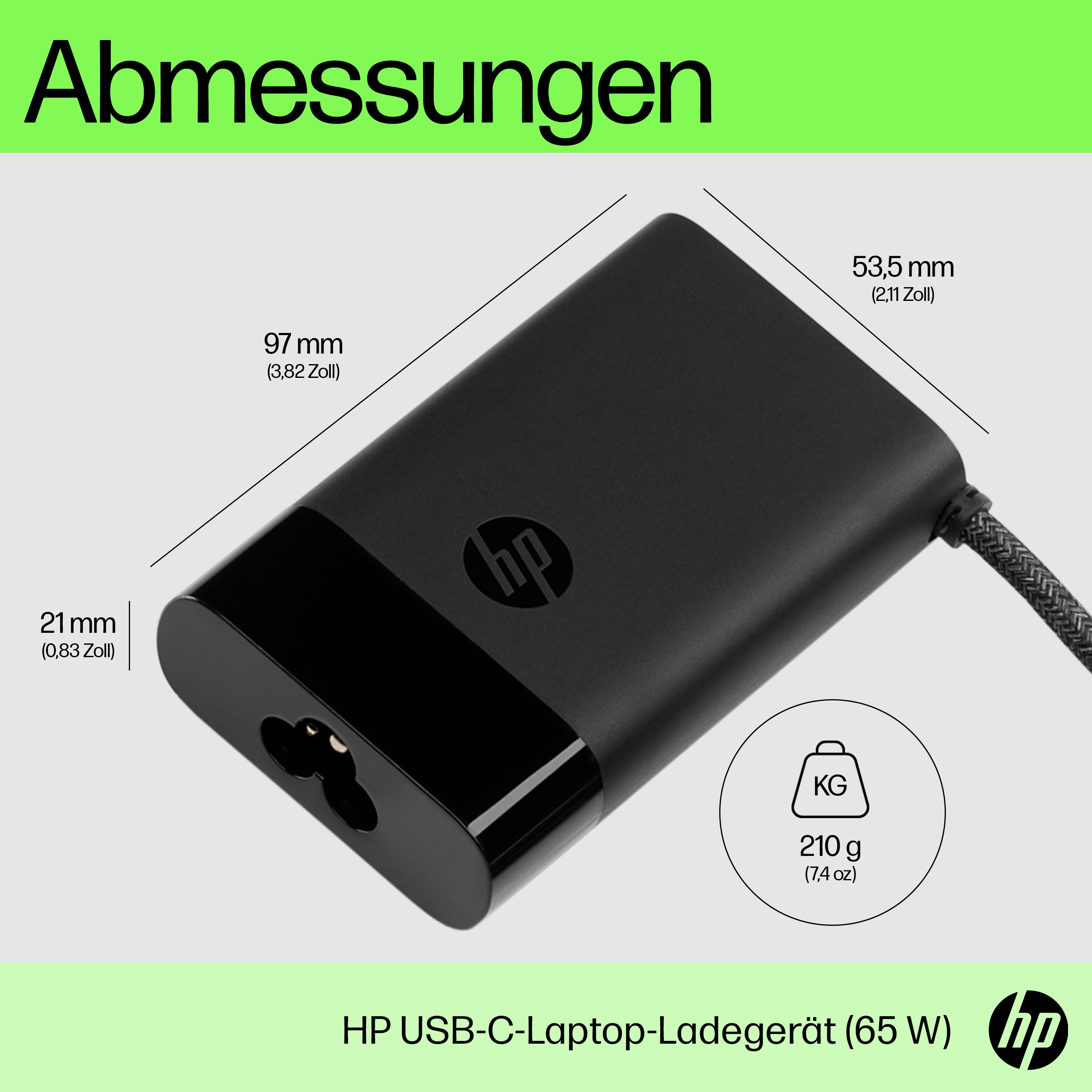 Schwarzes HP-Laptop-Ladegerät mit Abmessungen. Enthält Gewicht und HP-Logo auf weißem Hintergrund.