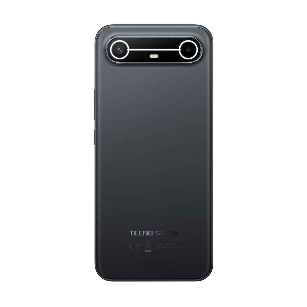 Siyah bir Tecno Spark telefonun arkası. Çift kamera, flaş ve altta marka bulunuyor. Telefon dikdörtgen şeklinde.