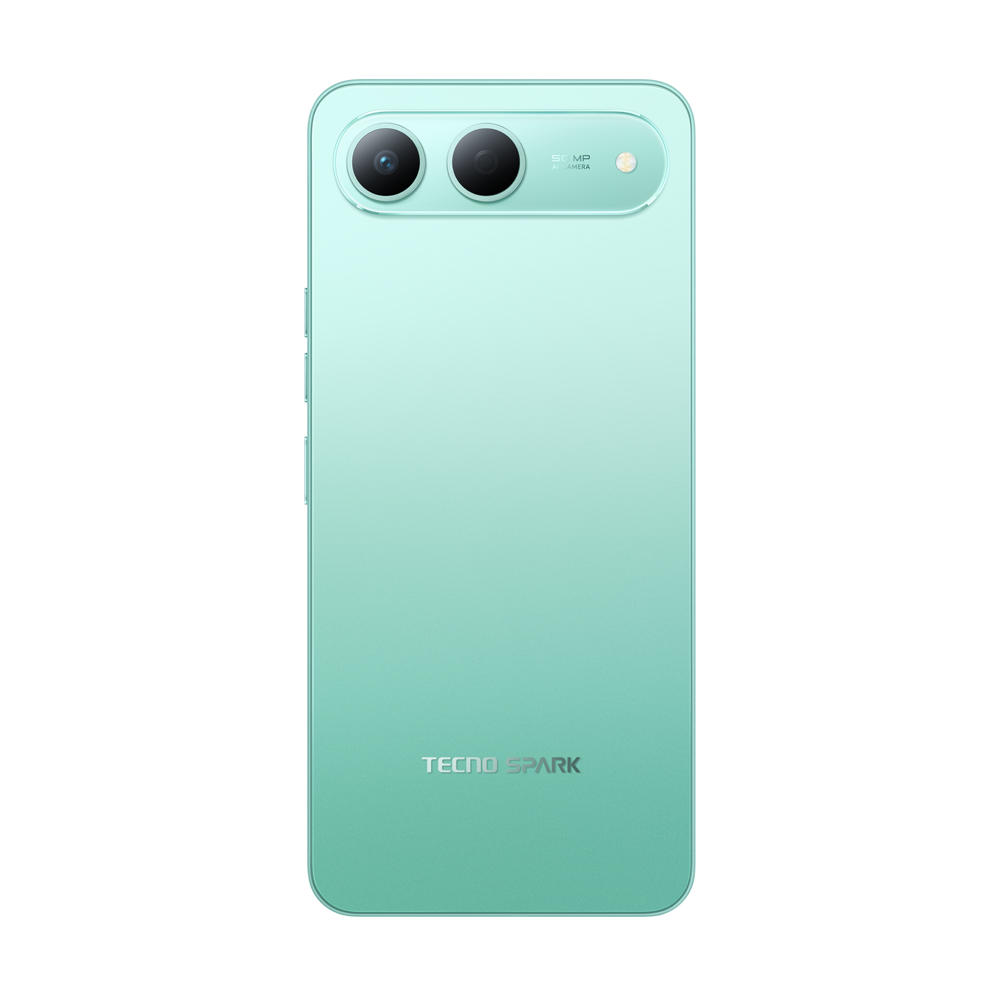 Nane yeşili bir akıllı telefonun arkası. Çift kamera, flaş ve TECNO SPARK marka adını içerir.