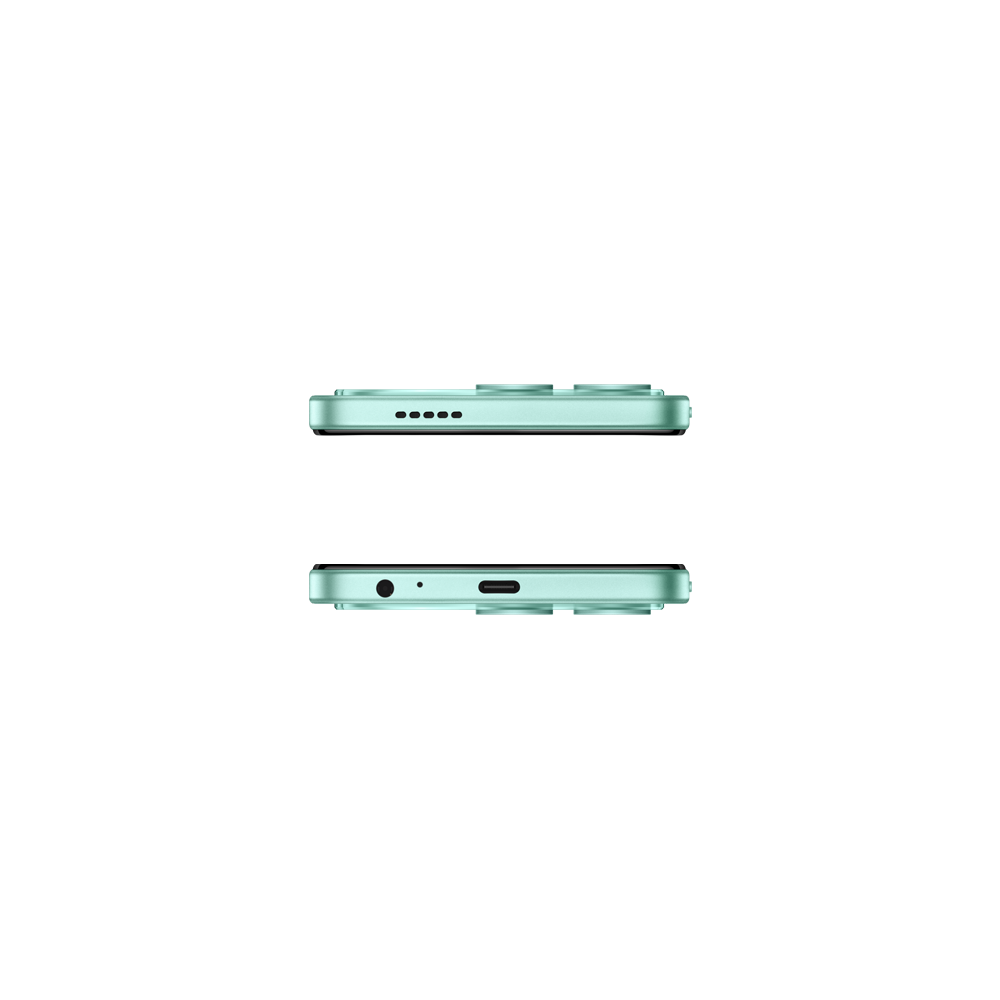 Nane yeşili bir akıllı telefon, üst ve alt görünümler, hoparlör deliklerini, kulaklık jakını ve USB-C bağlantı noktasını siyah bir ekranda gösteriyor.