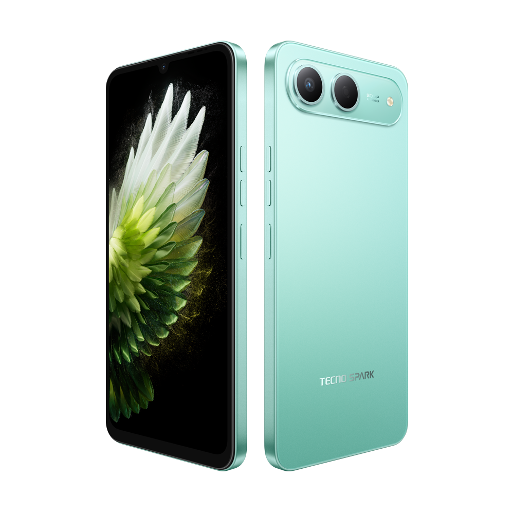 Beyaz ve yeşil çiçek desenli bir ekranı olan turkuaz bir akıllı telefon. Arkasında iki kamera ve TECNO SPARK yazısı var.