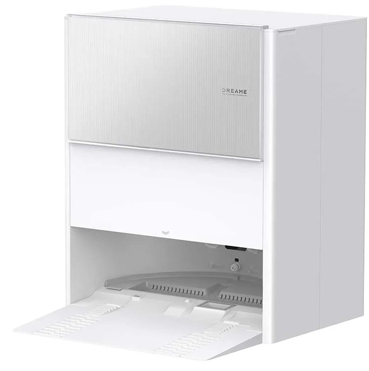 Białe urządzenie z otwartymi drzwiami. Na górze napis 'DREAME'. Otwarte drzwi pokazują tacę z rowkami.