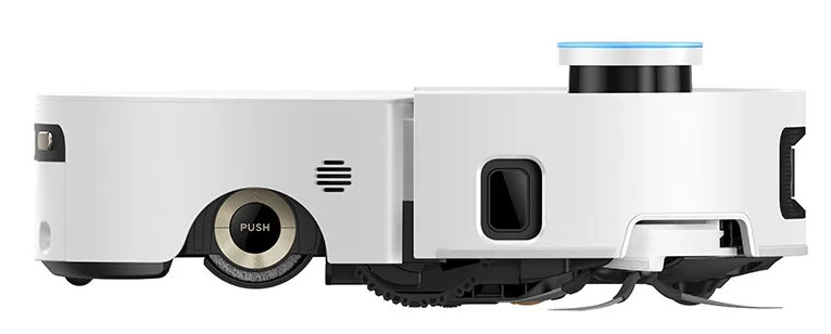 Biały odkurzacz automatyczny z czarnymi i złotymi detalami. Ma przycisk i obrotową szczotkę do czyszczenia.