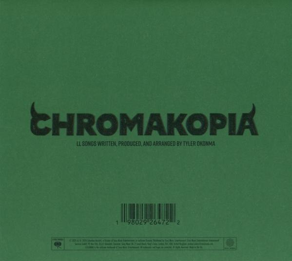 Grünes Albumcover mit 'CHROMAKOPIA' in fetter Schrift, darunter steht 'LL SONGS WRITTEN, PRODUCED, AND ARRANGED BY TYLER OKONMA'.