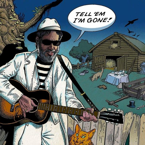 Ein Mann mit Gitarre, Hut und Sonnenbrille steht vor einer Scheune. Eine Katze schaut ihn an. Textblase: 'Sag ihnen, ich bin weg!'