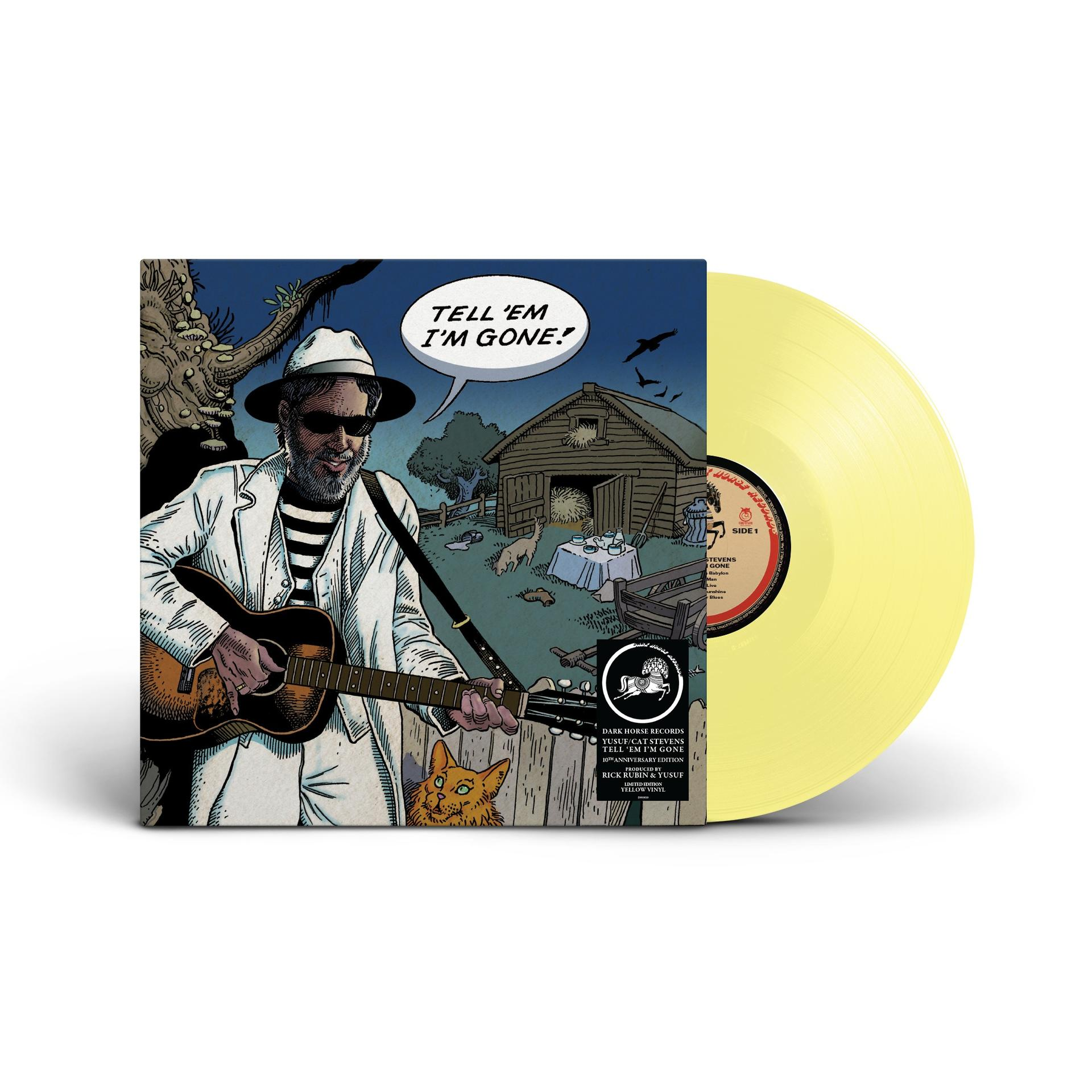 Albumcover: Mann mit Gitarre, Katze und Scheune. Text lautet 'Tell 'Em I'm Gone'. Gelbe Vinylplatte rechts.