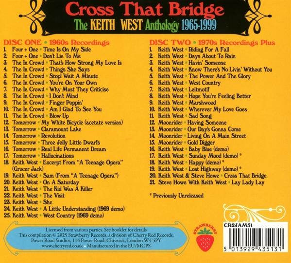 CD-Cover. Listet Songs aus Keith Wests Anthologie 'Cross That Bridge', 1965-1999. Enthält Titellisten und das Strawberry Records Logo.