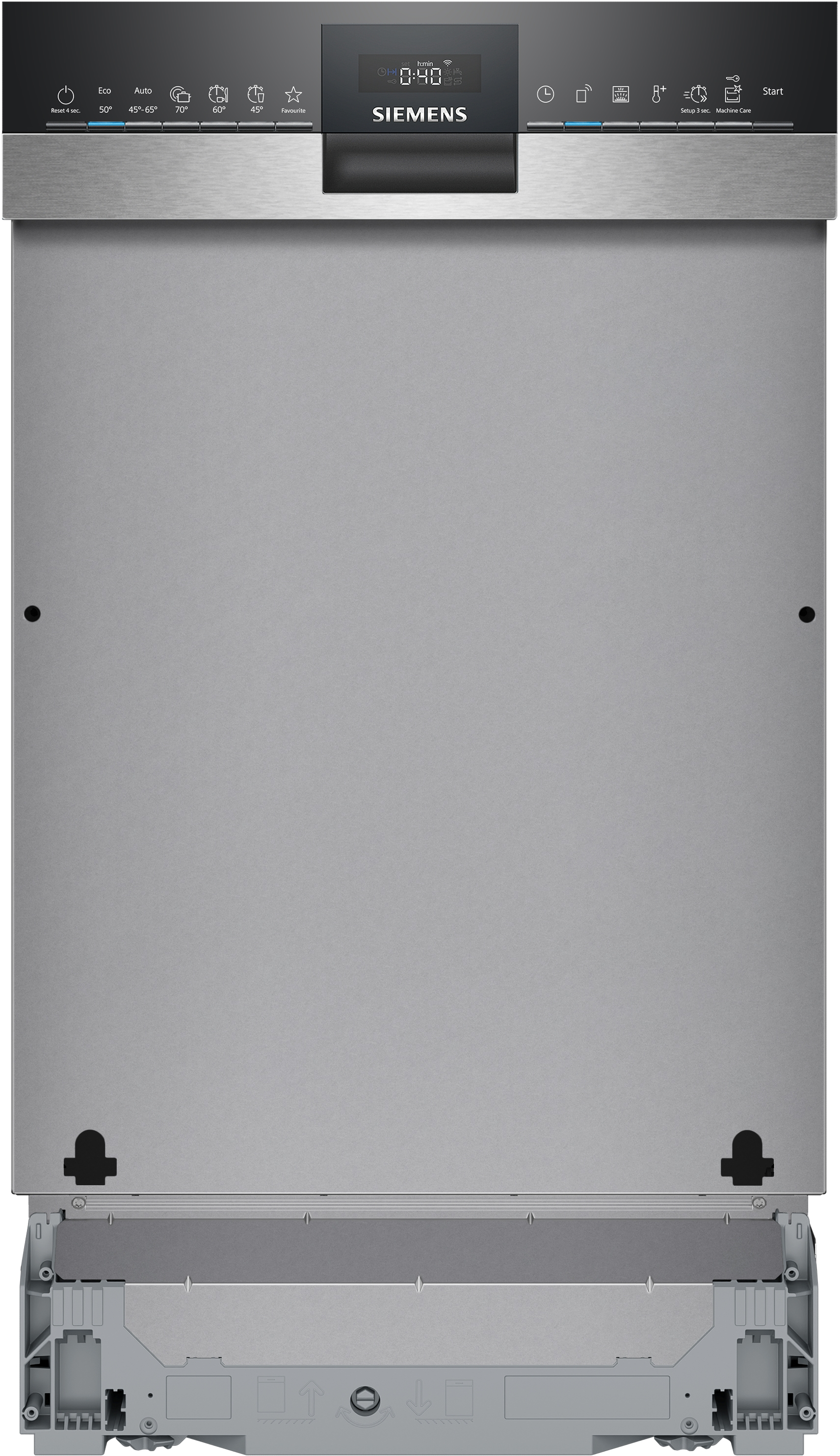 Ein silberner Siemens-Geschirrspüler. Er hat Steuertasten und ein Display. Der untere Bereich ist hellgrau.