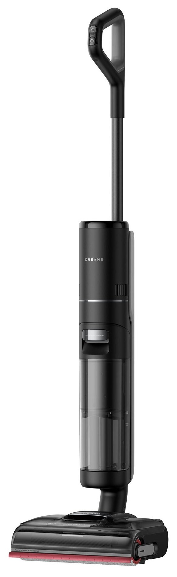 Czarny odkurzacz bezprzewodowy. Ma uchwyt z przyciskami, długi korpus i głowicę czyszczącą. Tło jest białe.