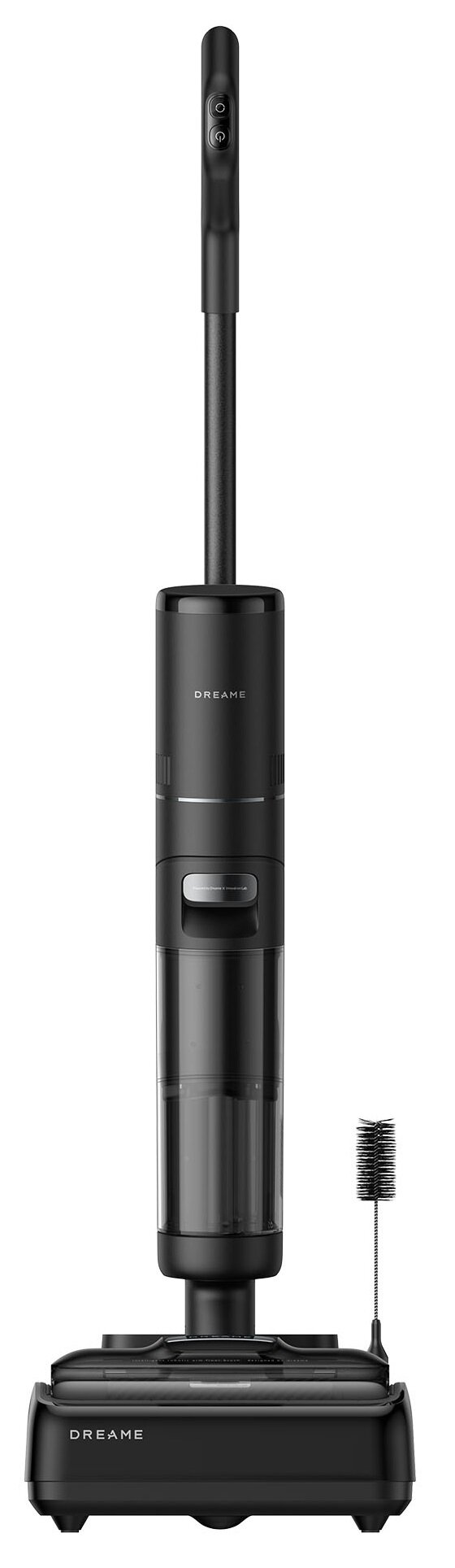 Czarny odkurzacz Dreame ze szczotką. Ma długi uchwyt i podstawę. Korpus ma przezroczysty zbiornik na wodę.