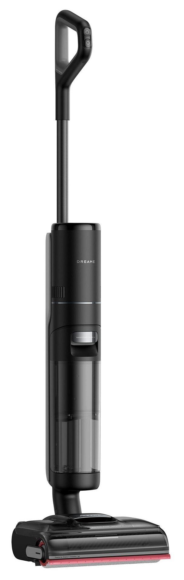 Czarny i szary bezprzewodowy odkurzacz na białym tle. Ma uchwyt z przyciskami i głowicę czyszczącą.